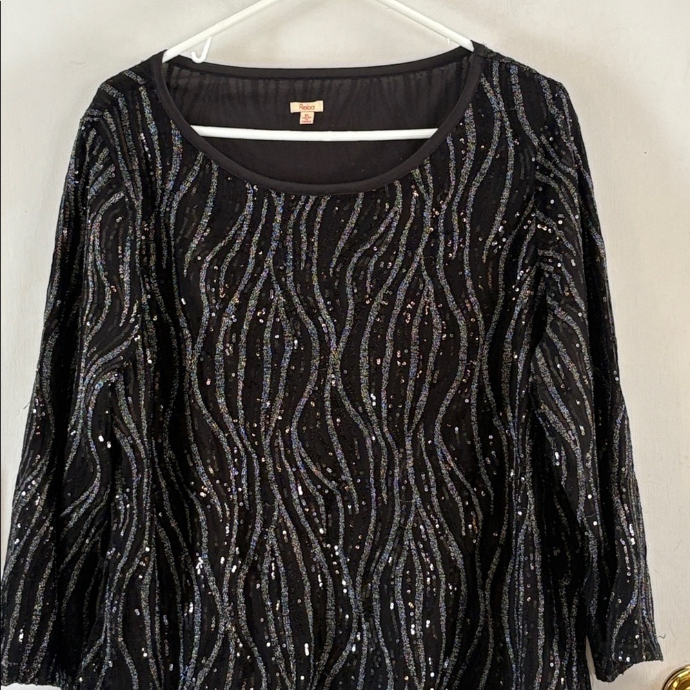 Reba black mesh lined top silver metallic stitching black sequins Size XL - Picture 2 of 10